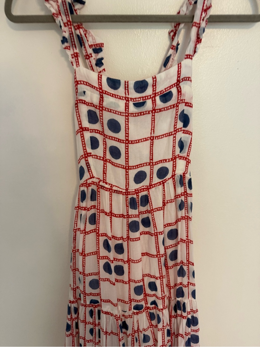 Oliphant Dress Crossed Back Midi Ruffle Strap in Domino Red White Blue Print - Picture 6 of 6